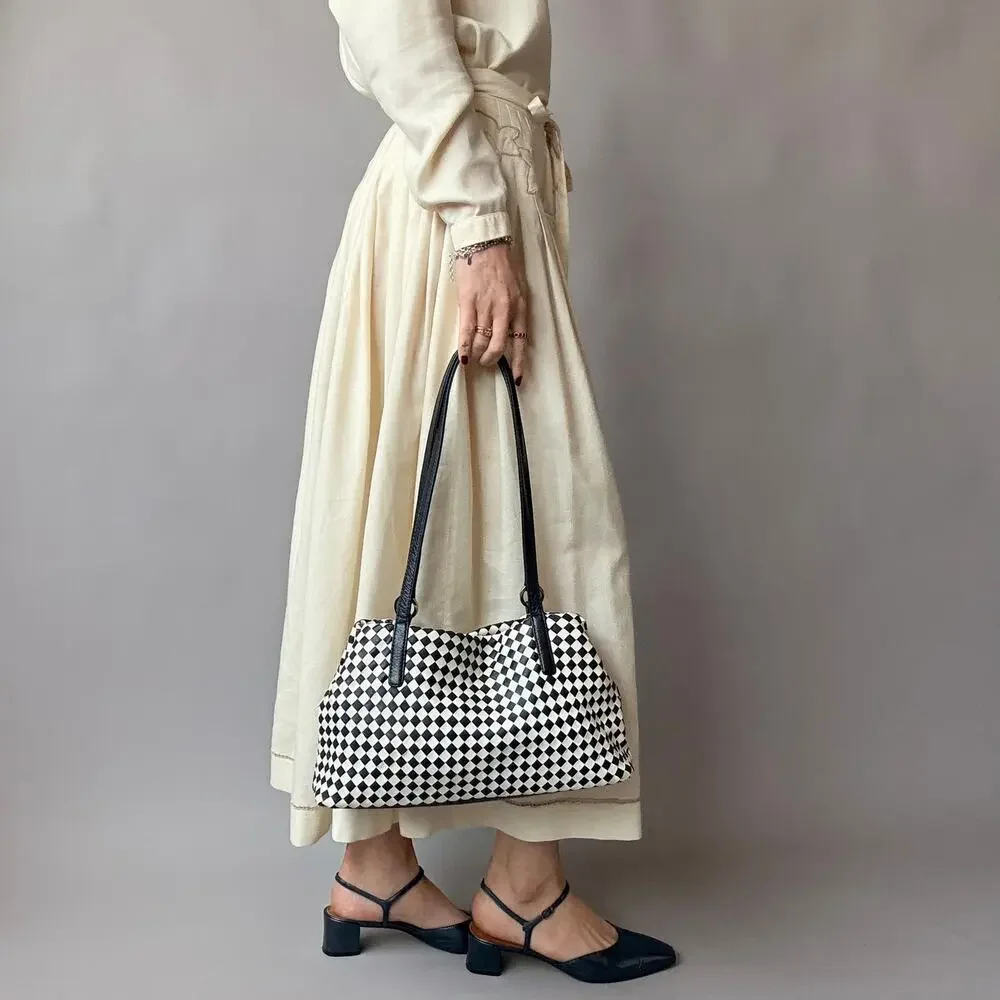 Vintage Valerie Stevens Woven Leather Shoulder Bag - Black & White Checkerboard